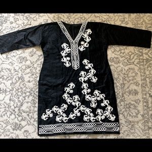 Tie Neck Embroidery Detail cotton Dress Black